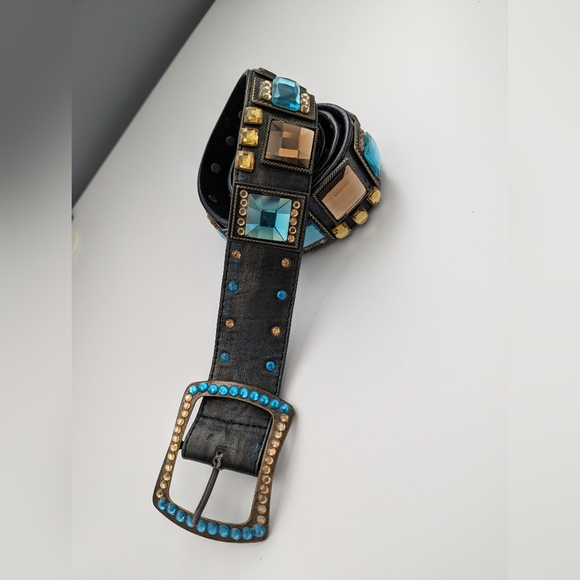 Black Leather Belt w/Colorful Glam Embellishments & Accents Blue/Green & Gold - Picture 3 of 12